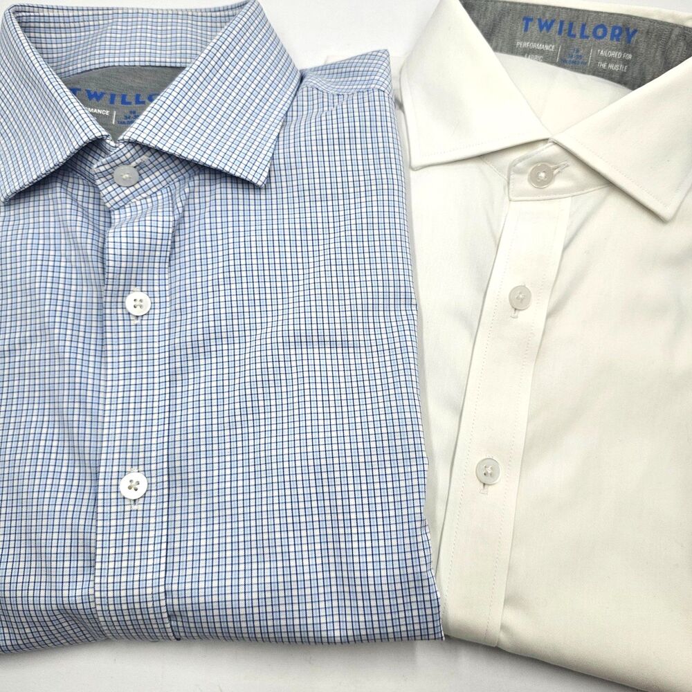 Lot 2 Twillory Mens 16 34-35 Performance Coolmax Dress Shirt Micro Check Solid
